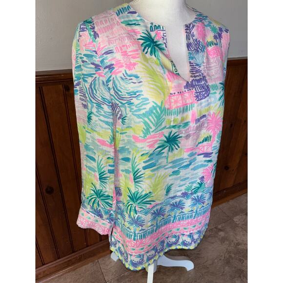 Womens Lilly Pulitzer Ocean Cove 100% Linen Tunic Blouse Top Blue Pink Size XS - Picture 2 of 13